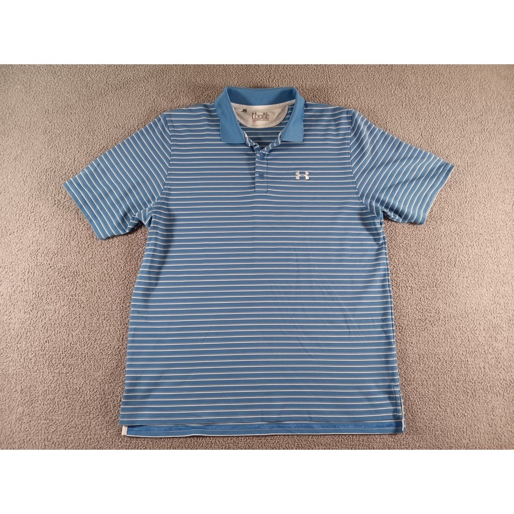 Under‎ Armour HeatGear Golf Polo Shirt XL Blue Striped Performance Loose Fit